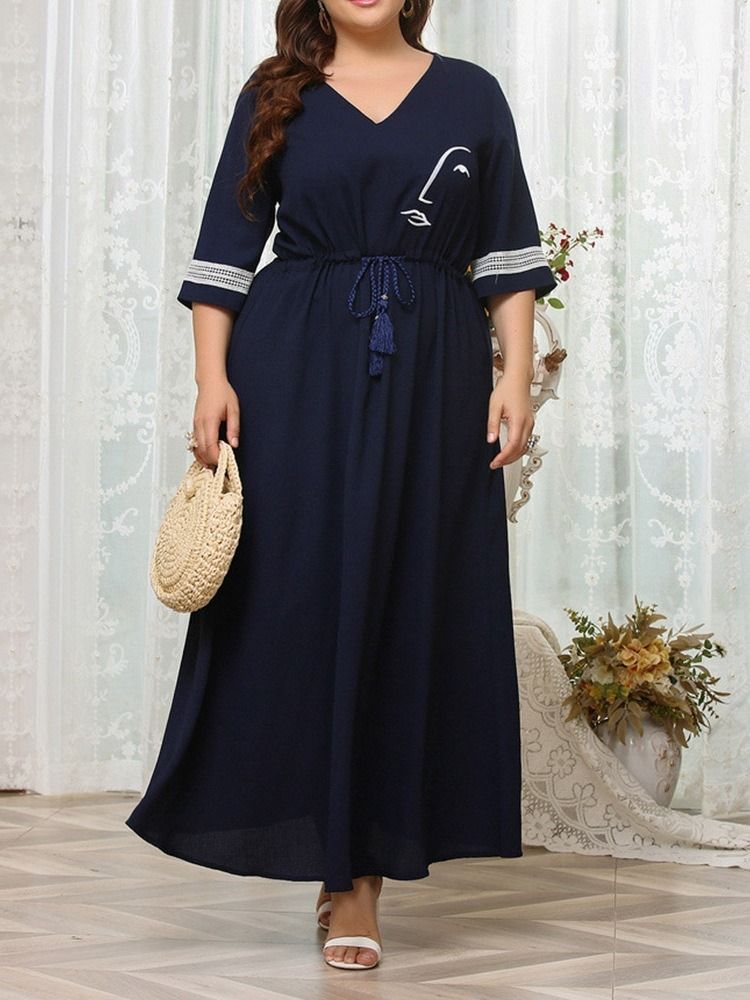 Trekvartsärm Med Snörning Ankellång A-Linje Fashion Plus Size-Klänning
