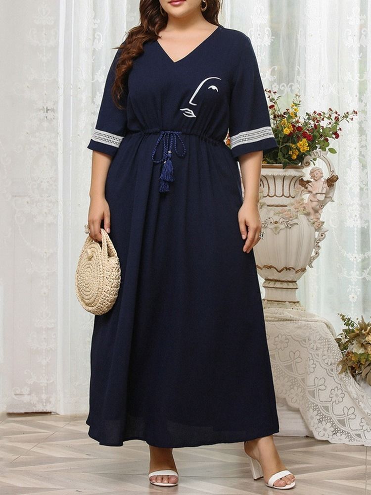 Trekvartsärm Med Snörning Ankellång A-Linje Fashion Plus Size-Klänning