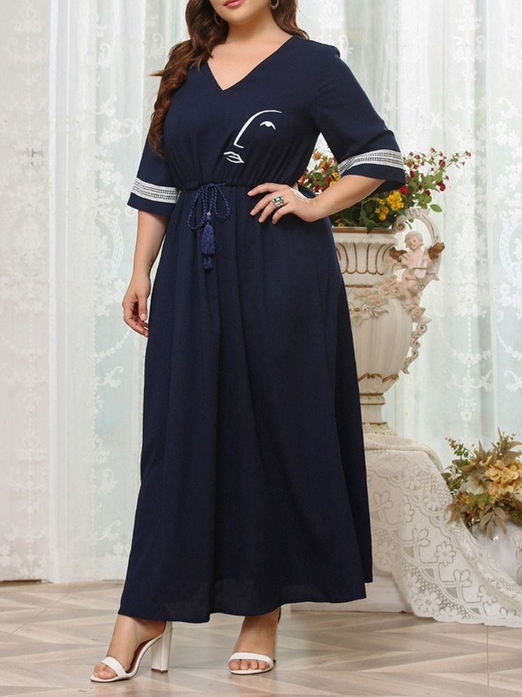 Trekvartsärm Med Snörning Ankellång A-Linje Fashion Plus Size-Klänning