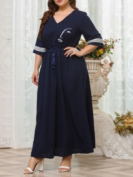 Trekvartsärm Med Snörning Ankellång A-Linje Fashion Plus Size-Klänning