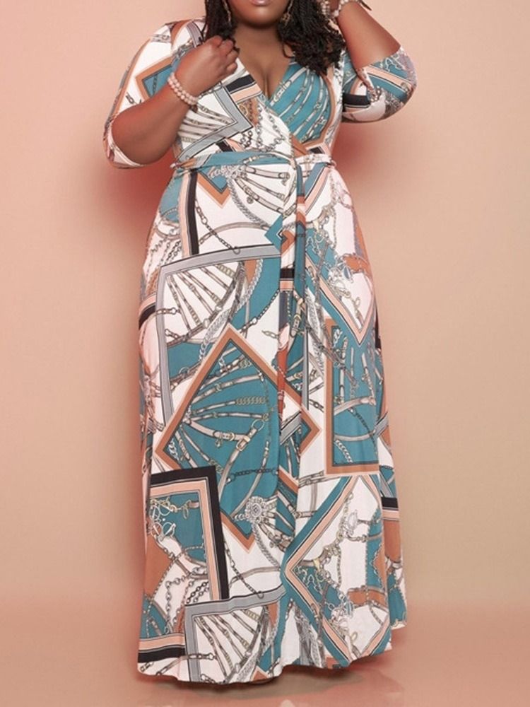 Trekvartsärm Patchwork V-Ringad A-Linje Vanlig Maxiklänning Plus Size