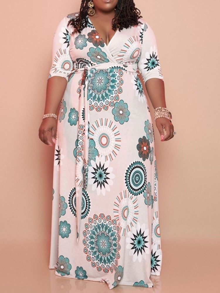 Trekvartsärm Patchwork V-Ringad A-Linje Vanlig Maxiklänning Plus Size