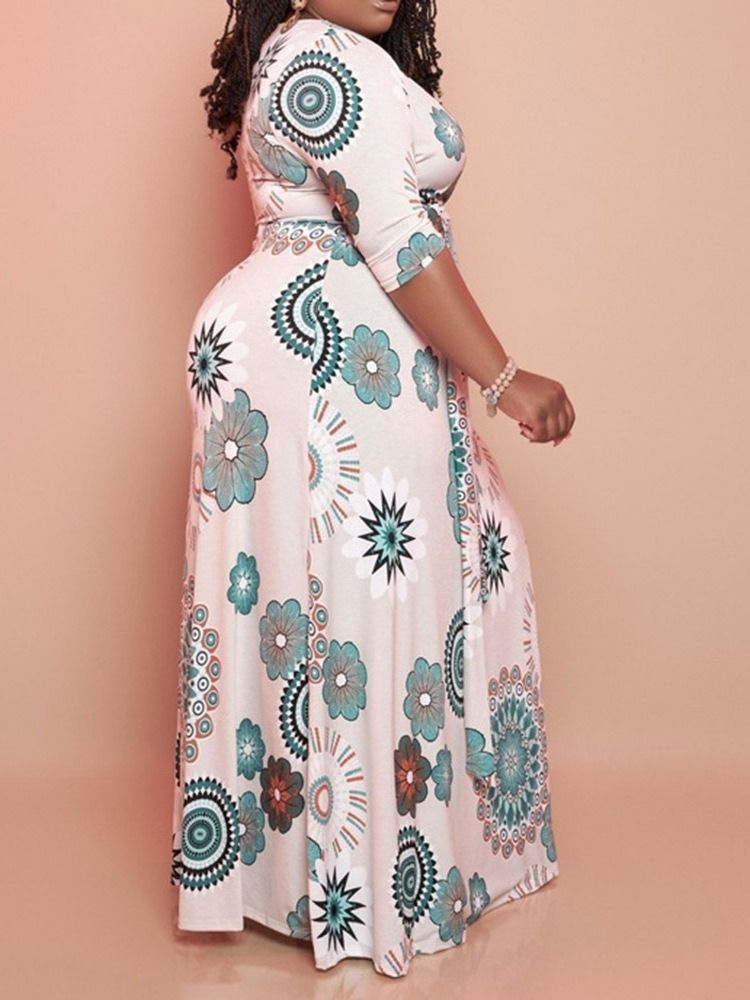 Trekvartsärm Patchwork V-Ringad A-Linje Vanlig Maxiklänning Plus Size