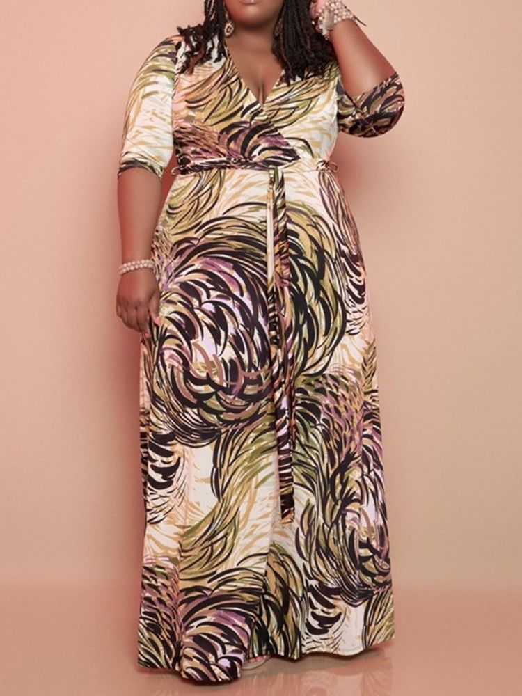Trekvartsärm Patchwork V-Ringad A-Linje Vanlig Maxiklänning Plus Size