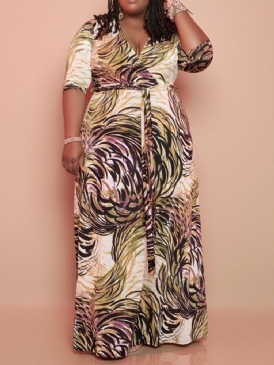 Trekvartsärm Patchwork V-Ringad A-Linje Vanlig Maxiklänning Plus Size