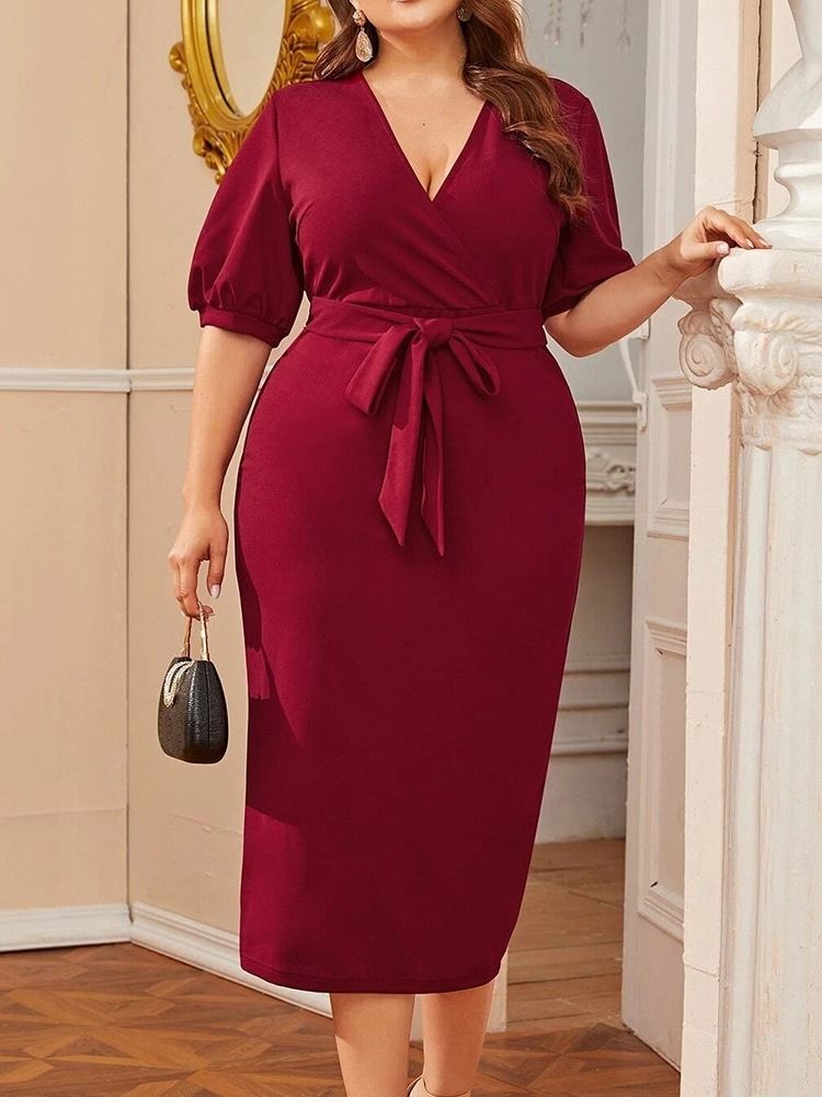 V-Ringad Halvärm Med Snörning Plain Bodycon Klänning Plus Size