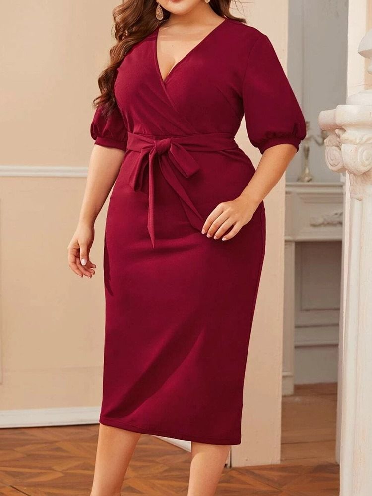 V-Ringad Halvärm Med Snörning Plain Bodycon Klänning Plus Size