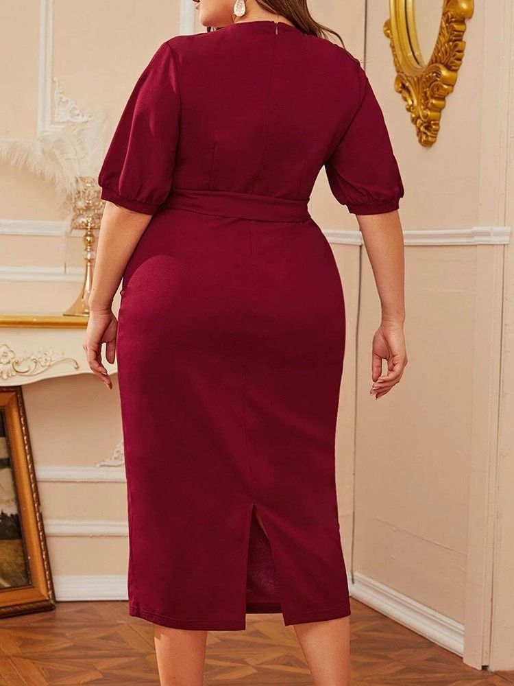 V-Ringad Halvärm Med Snörning Plain Bodycon Klänning Plus Size