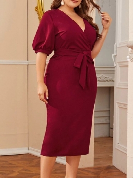 V-Ringad Halvärm Med Snörning Plain Bodycon Klänning Plus Size