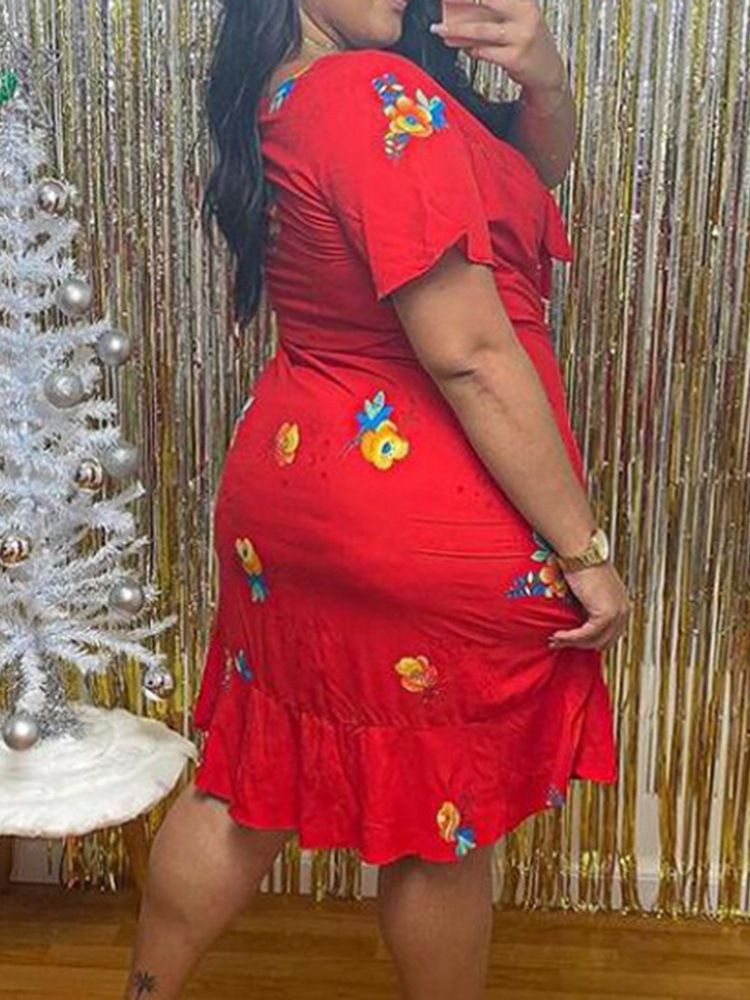 V-Ringad Knälång Kortärmad Bodycon-Klänning