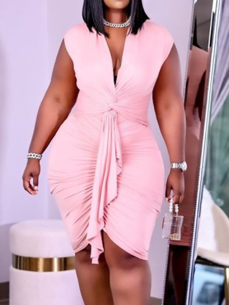V-Ringad Kortärmad Knälång Western Bodycon Klänning Plus Size