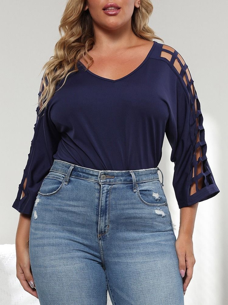 V-Ringad Trekvartsärm Enkel Enkel Rak T-Shirt Dam Plus Size