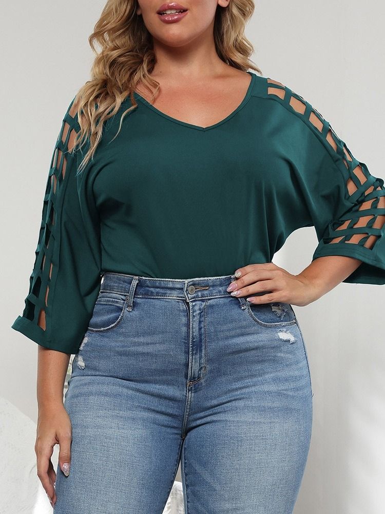 V-Ringad Trekvartsärm Enkel Enkel Rak T-Shirt Dam Plus Size