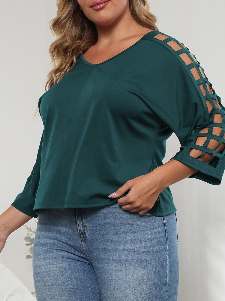 V-Ringad Trekvartsärm Enkel Enkel Rak T-Shirt Dam Plus Size