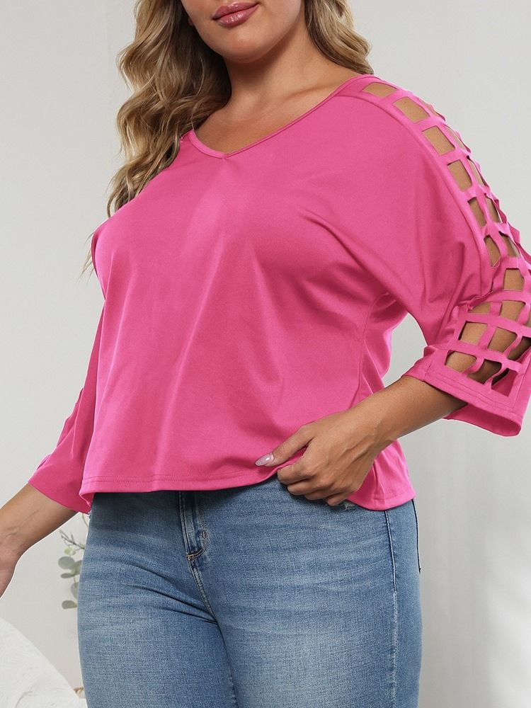 V-Ringad Trekvartsärm Enkel Enkel Rak T-Shirt Dam Plus Size