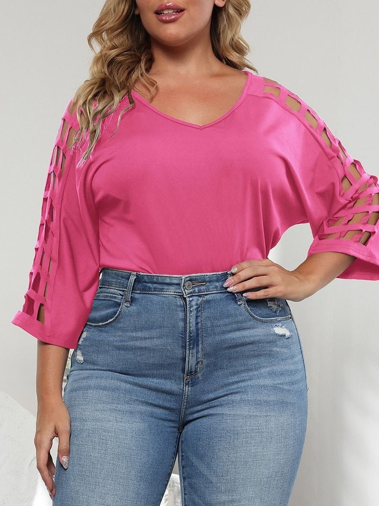V-Ringad Trekvartsärm Enkel Enkel Rak T-Shirt Dam Plus Size