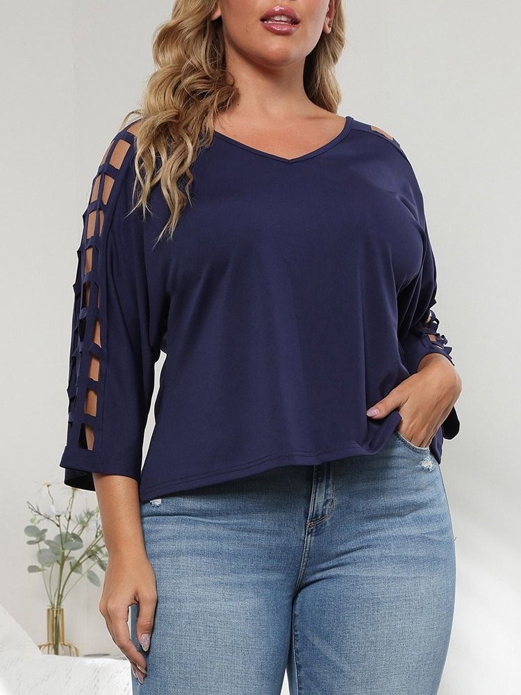 V-Ringad Trekvartsärm Enkel Enkel Rak T-Shirt Dam Plus Size