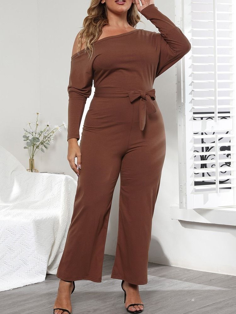 Vanlig Asymmetrisk Dam Fullängd Slimmad Rak Jumpsuit Plus Storlek