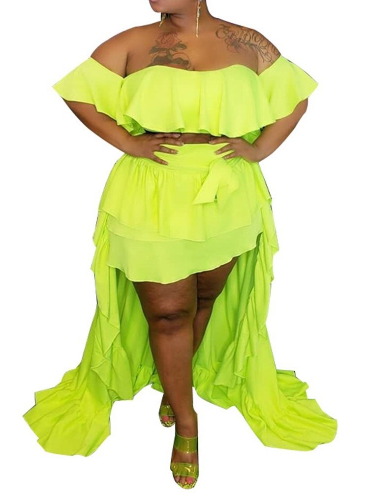 Vanlig Falbala-Kjol Off Shoulder Asymmetriska Tvådelade Set