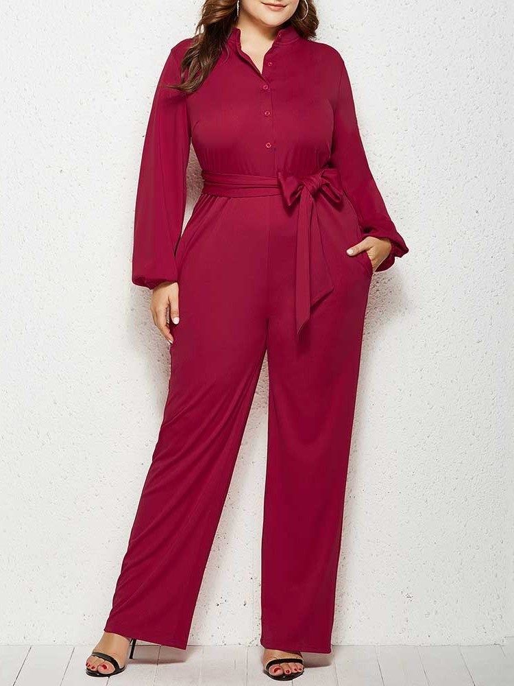 Vanlig Plus Size Full Längd Rak Mid Waist Jumpsuit