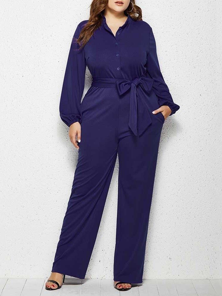 Vanlig Plus Size Full Längd Rak Mid Waist Jumpsuit