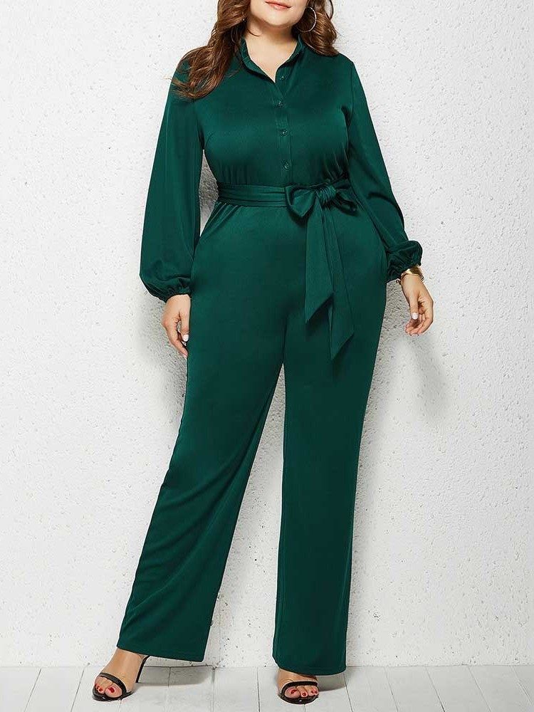 Vanlig Plus Size Full Längd Rak Mid Waist Jumpsuit