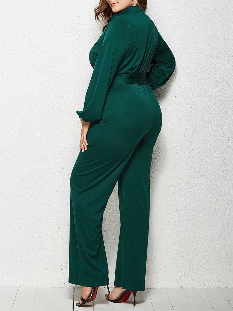 Vanlig Plus Size Full Längd Rak Mid Waist Jumpsuit