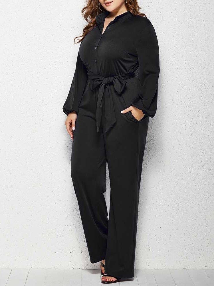 Vanlig Plus Size Full Längd Rak Mid Waist Jumpsuit
