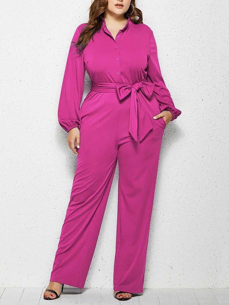 Vanlig Plus Size Full Längd Rak Mid Waist Jumpsuit