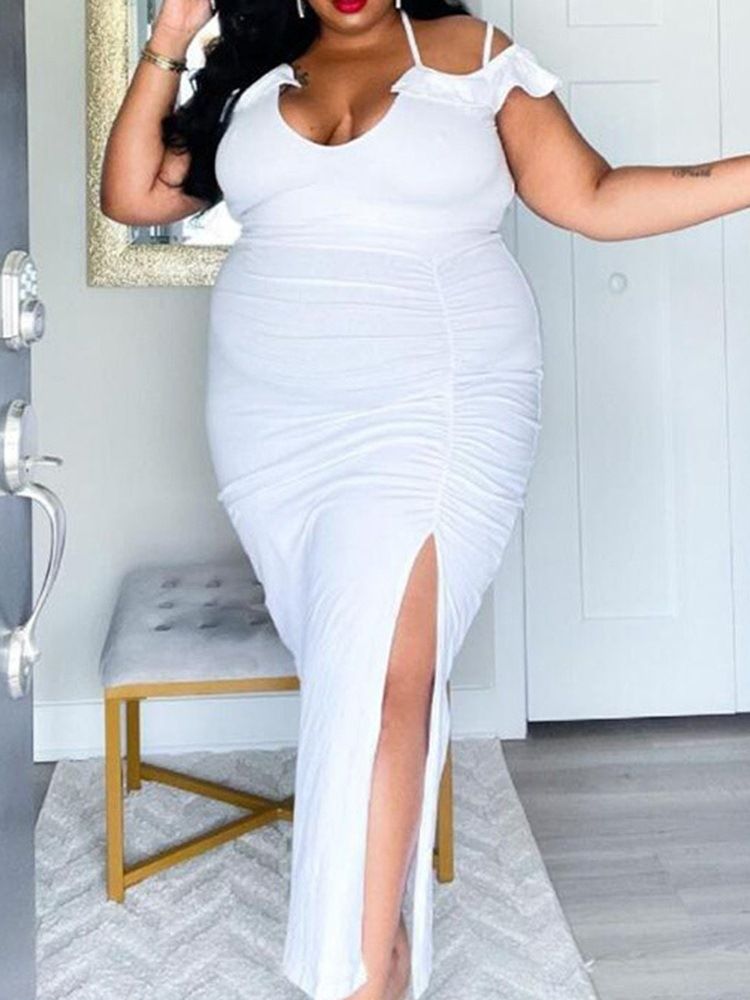 Veckad Kortärmad Golvlång Bodycon Vanlig Klänning Plus Size