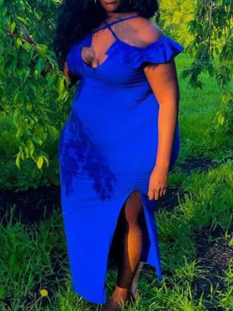Veckad Kortärmad Golvlång Bodycon Vanlig Klänning Plus Size