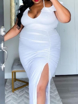 Veckad Kortärmad Golvlång Bodycon Vanlig Klänning Plus Size