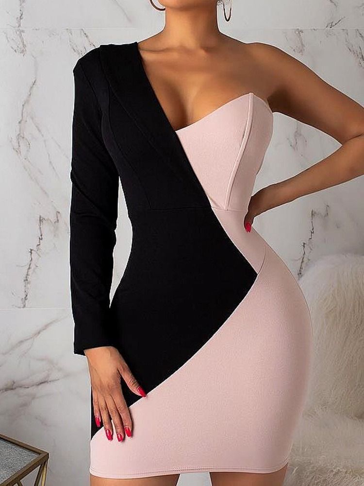 Above Knee Långärmad Patchwork Normal High Waist Bodycon Klänning