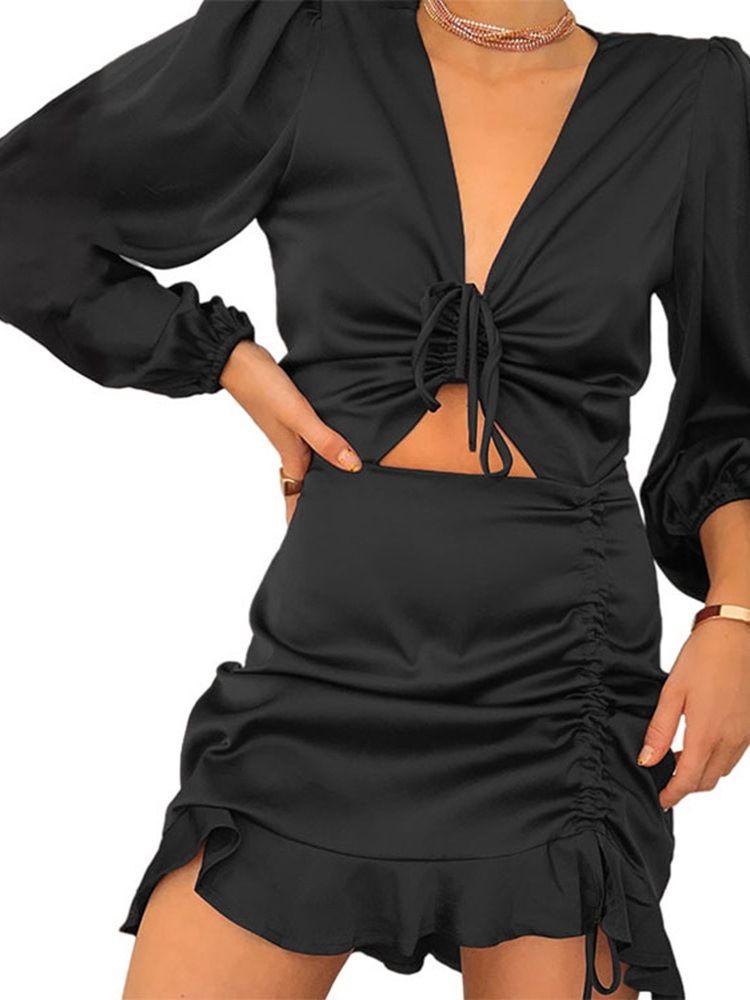 Above Knee Långärmad V-Ringad Pullover Sweet Bodycon Klänning