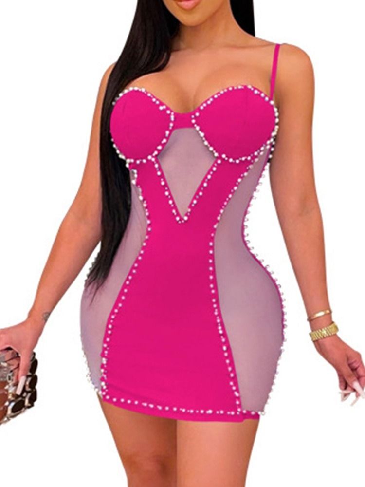 Ärmlös Above Knee Mesh Mid Waist Fashion Bodycon Klänning