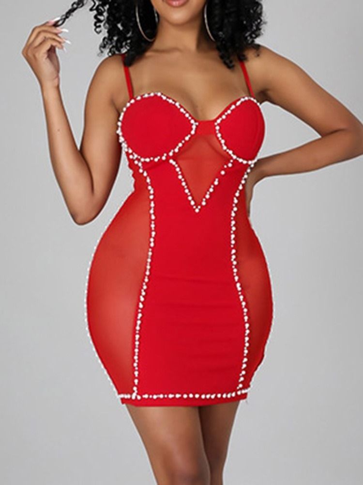 Ärmlös Above Knee Mesh Mid Waist Fashion Bodycon Klänning