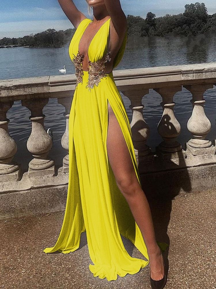 Ärmlös Delad Golvlång Tröja Enkel Bodycon-Klänning