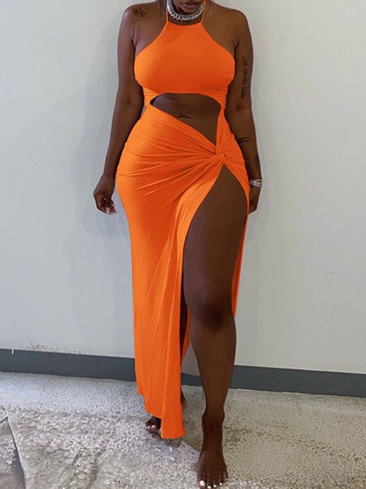 Ärmlös Ihålig Ankellång Vanlig Sexig Bodycon-Klänning