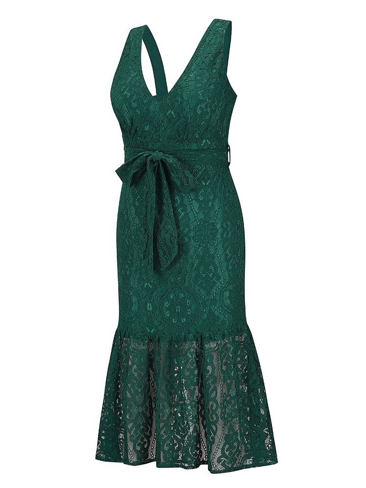 Ärmlös Mid-Calf Lace Mermaid Mode Klänning
