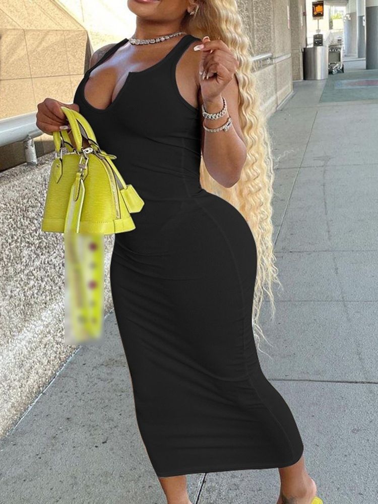 Ärmlös Mid-Calf Plain Bodycon Klänning