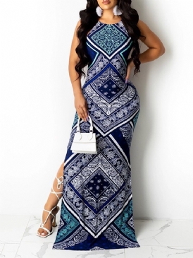 Ärmlös Patchwork Rund Hals Sexig Bodycon Klänning