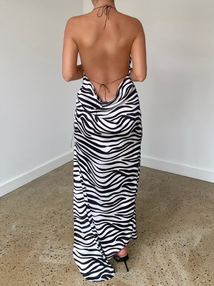 Ärmlös Rygglös Golvlång Asymmetrisk Zebra-Stripe Klänning