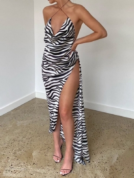 Ärmlös Rygglös Golvlång Asymmetrisk Zebra-Stripe Klänning