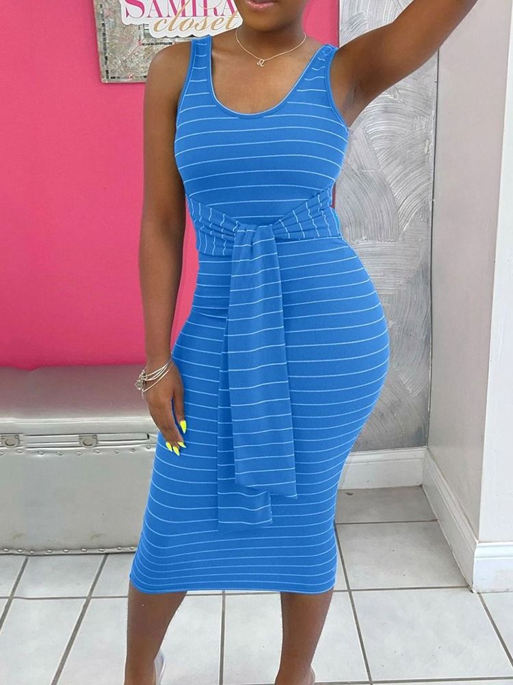 Ärmlös Scoop Mid-Calf Pullover Stripe Bodycon Klänning