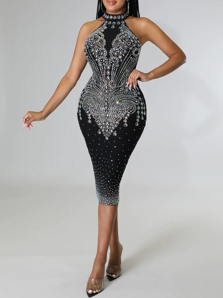 Ärmlös Stativkrage Rhinestone Mid Waist Bodycon Klänning