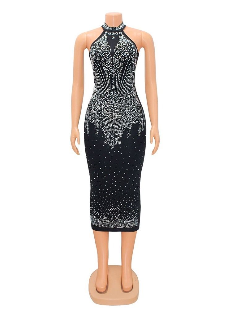 Ärmlös Stativkrage Rhinestone Mid Waist Bodycon Klänning