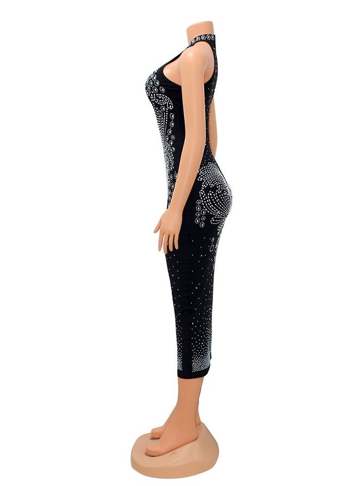 Ärmlös Stativkrage Rhinestone Mid Waist Bodycon Klänning