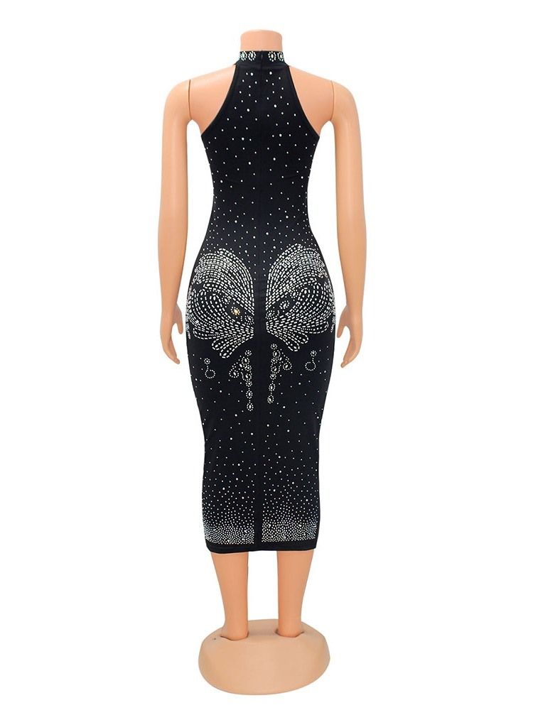 Ärmlös Stativkrage Rhinestone Mid Waist Bodycon Klänning