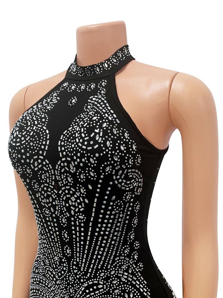 Ärmlös Stativkrage Rhinestone Mid Waist Bodycon Klänning