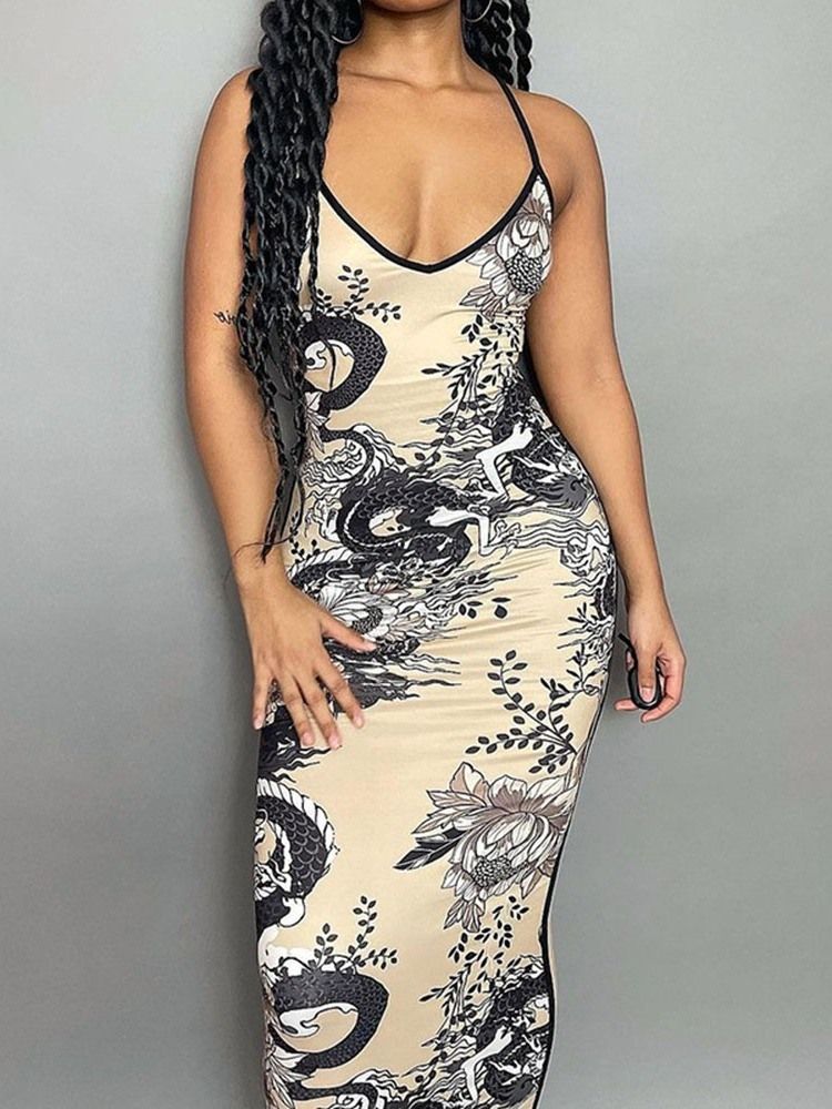 Ärmlös V-Ringad Ankellång Sommarblommig Bodycon-Klänning